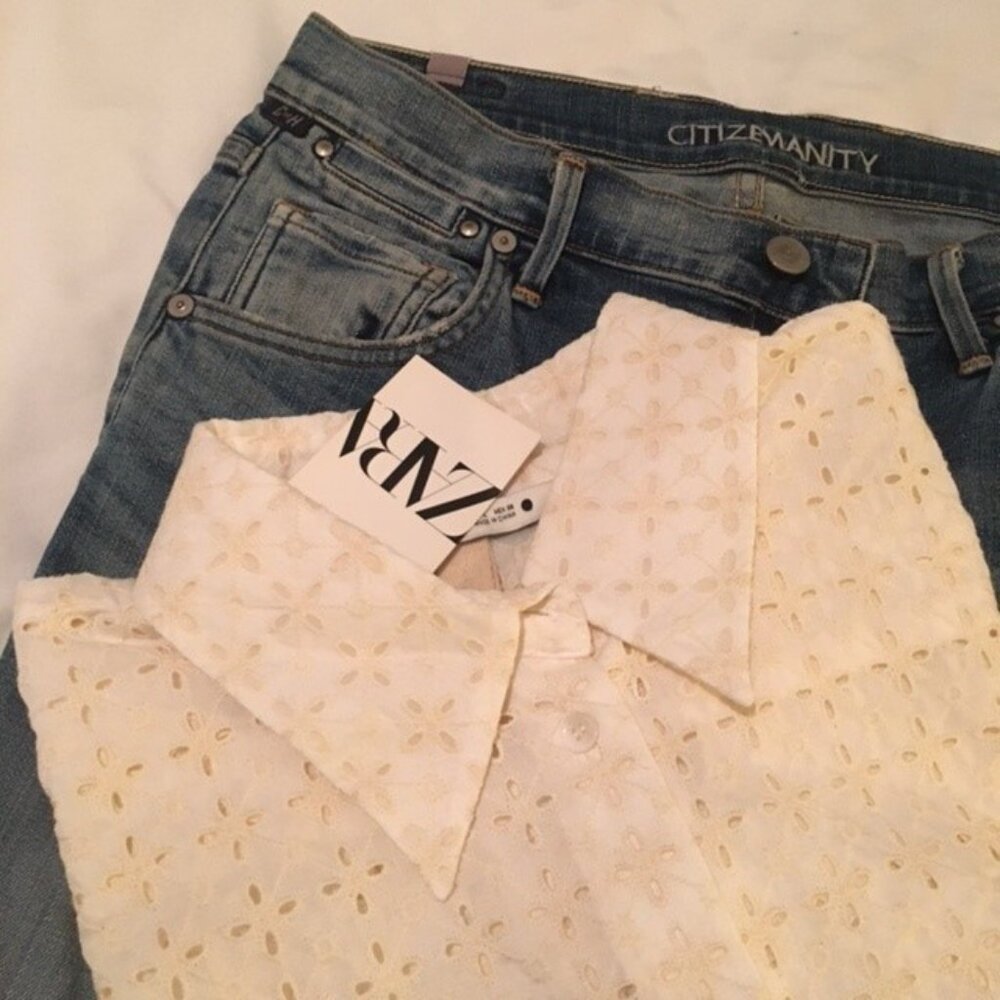 ZARA OVERSIZED EMBROIDERED EYELET SHIRT (L)
